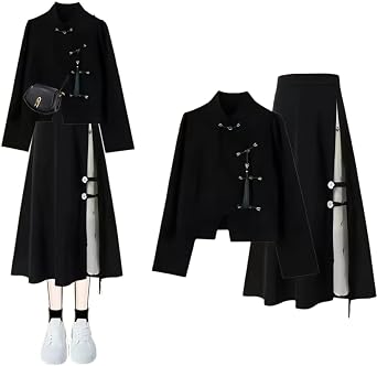 Exsaupy Chinese-Style Womens Hoodie with Hood 2-Piece Set Top + Skirt Chinese Clothing Stylish Spring/Autumn Long Sleeve Short Length Sweatshirt Chinese-Style Dress Set Forest Girl Style Casual