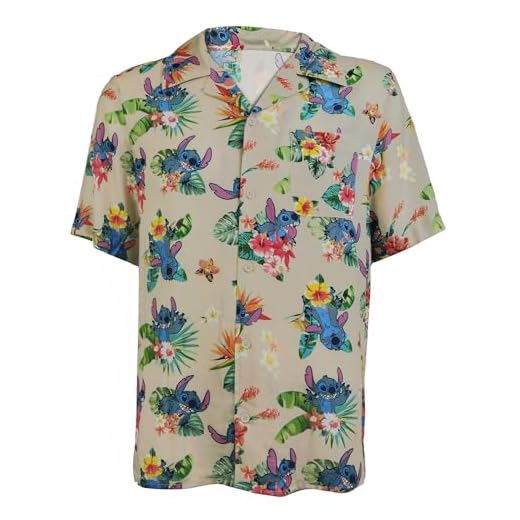 Disney Lilo And Stitch Men's Stitch Tropical Hawaiian Button Up Shirt (XX-Large)