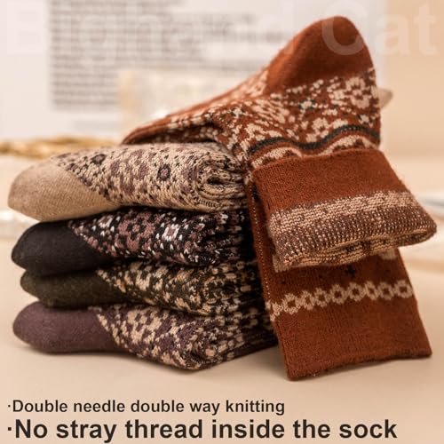 Image of IIG 5 Pairs Womens Pretty Vintage Wool Socks Unique Print Design Soft Cozy Warm Crew Socks Christmas Gift