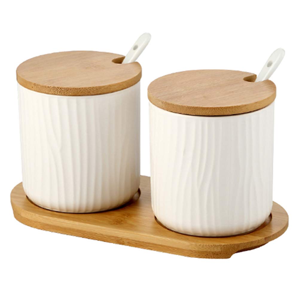 Set of 2 Sugar Bowl, Ceramic Spice Jar Condiment Pots with Bamboo Lid and Ceramic Spoon for Home and Kitchen