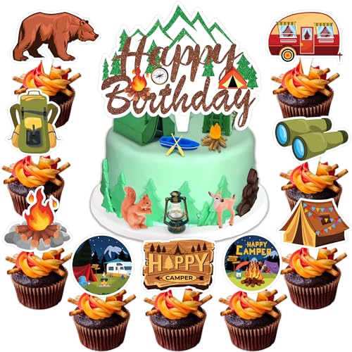 Camping Cake Topper Picks, 25 PCS Camp Cupcake Toppers Cake Decorations Camp Woodland Outdoor First 1st Themed Birthday Party Supplies Favors Decor Centerpiece Table for Boys Girls Carnival Rewards