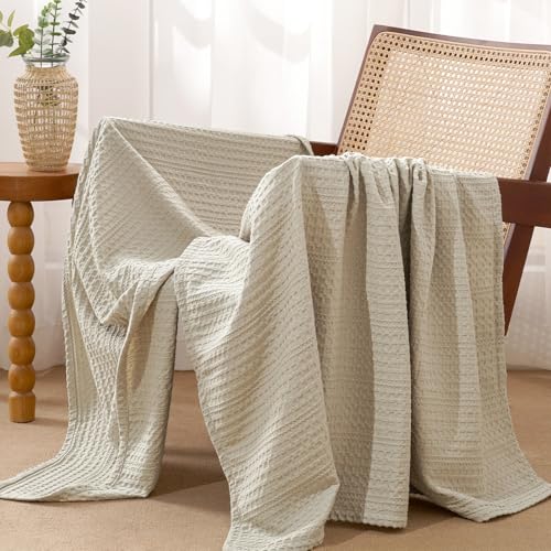 PHF Lightweight Waffle Weave Throw Blanket 50"x 60", Soft Woven Summer Blanket for Hot Sleepers - Aesthetic Home Decor for Couch Bed Sofa, Pet Friendly, Natural/Linen