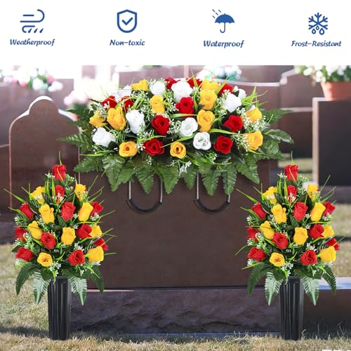 Artificial Cemetery Flowers Saddle, Grave Flowers Rose for Cemetery, Memorial Headstone Flowers Saddle for Grave Tombstone Decorations (1, Red & Yellow & White) image 4
