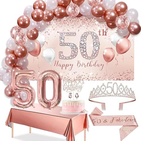 Trgowaul 50th Birthday Decorations Balloon Set Women's Arch, Rose Gold 50th Birthday Banner and Party Tablecloth, Belt and Tiara, Pink Gold 50th Balloon, Pink Birthday Cake Top, Latex Balloon * 60 Cover