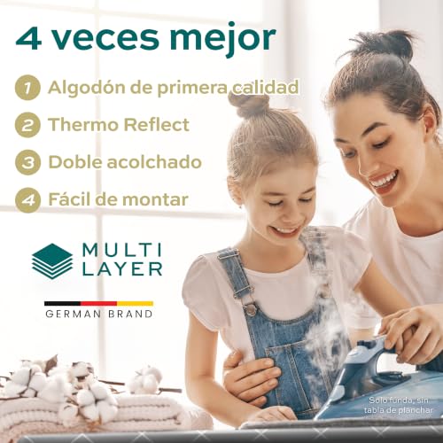 Miniatura 7 de Timbley Turbo Funda Tabla Planchar 120x40 Refleja Calor Para Planchar Rápido Montaje Fácil Con Elástico 2x Acolchado Cómodo Oekotex100 Hecho En Europa Talla M
