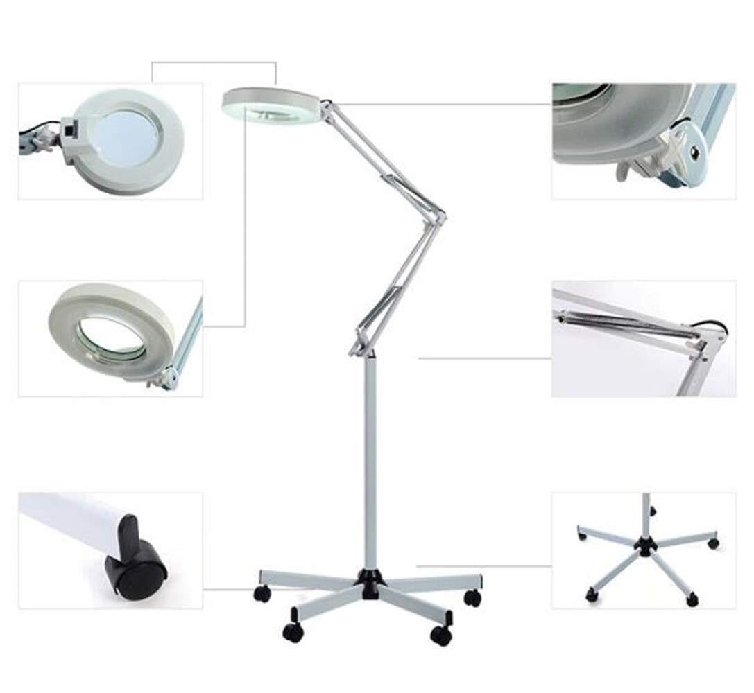 Lámpara de pie con lupa LED de 5 unidades, base rodante, brazo giratorio ajustable, lupa de lectura con cuello de cisne, para tareas profesionales, joyas, costura,