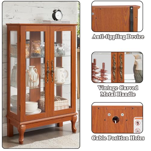 Image of 43 inch H Lighted Wooden Curio Cabinet, Freestanding Glass Display Case with Tempered Glass Door, Adjustable Shelves and Mirrored Back Panel, Decorative Storage Cabinet for Living Room (Dark Oak)