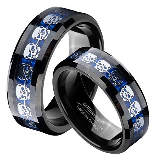 QUEENWISH 8mm Black Skull Rings Silver Harly Mens Tungsten Carbide Wedding Band Engagement Womens Ring Size 5-142