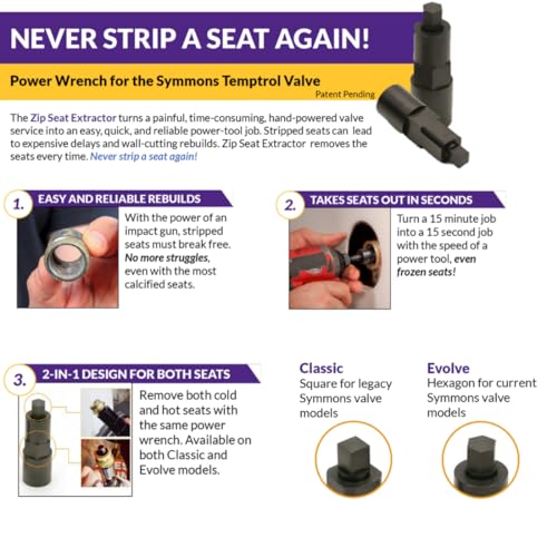 Image of Zip Seat Power Tool Extractor Set for Symmons Temptrol Valves, Set Includes Extractor Classic, Extractor Evolve, Diverter, and Power Drill Bit