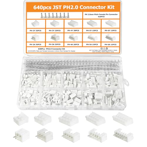 640PCS JST PH 2.0mm Connector Kit PH2.0mm Adapter Cable Terminal Connectors Set with 2.0 mm Pitch 2 3 4 5 6Pin Female Housing and Male Plug JST Connector PH2.0mm Female Pin Connectors