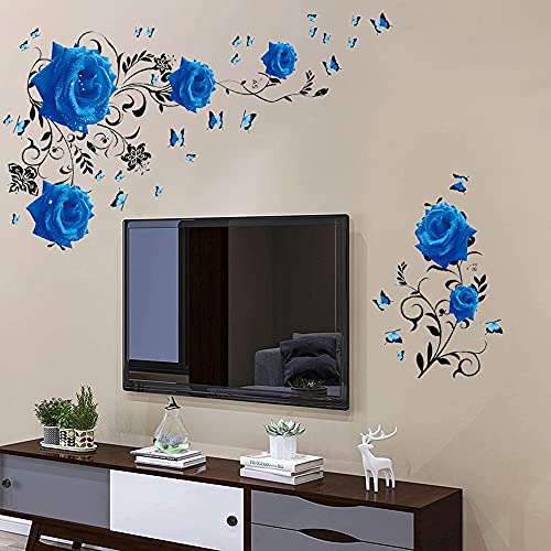 Supzone Blue Rose Wall Stickers Rose Flower Vine Wall Decal Blue Peony Floral Wall Decor Diy Vinyl Mural Art For Bedroom Living Room Sofa Backdrop Tv Wall Decoration #TOP3