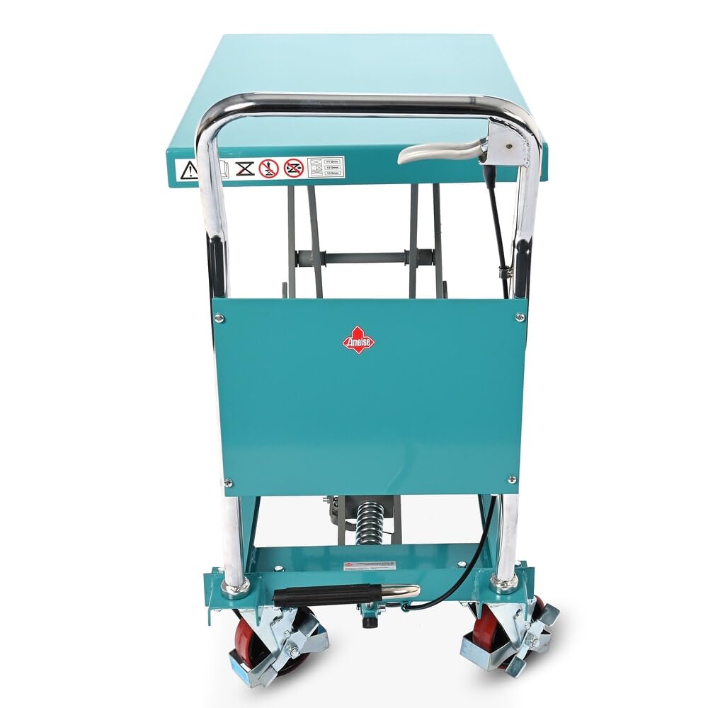 Ameise Scheren-Hubtischwagen LTT | 285-880 mm Hubbereich | 500 kg Tragkraft | 850x500 mm Plattform | Fahrbarer Hubtisch mit festem Bügel | Fußbetriebene Hydraulikpumpe | Stahl | Türkisblau