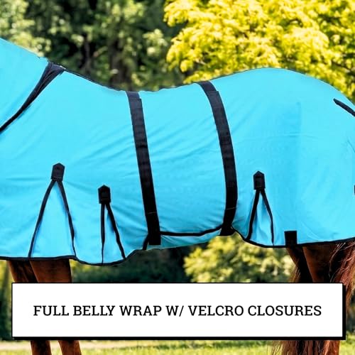 Image of Horse Fly Sheet with Attached Neck Cover & Tail Flap | UV Protection Mesh Horse Blanket, Full Body Bug & Sun Shield, Buckles, Belly Wrap & Gussets for Spring Summer Riding Rug (Turquoise, 82 inch)