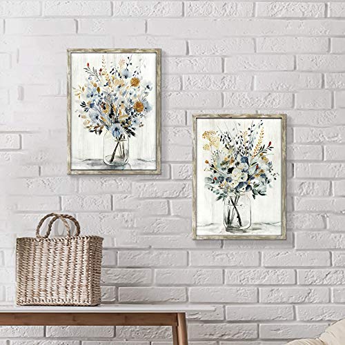 Floral Picture Wall Art Painting: Blossom Bouquet Flowers Prints on Rustic Wood and Handcrafted Wooden Framed Artwork for Home and Bedroom (12” x 16” x 2pcs) by Hardy Gallery - Used condition - Image 4