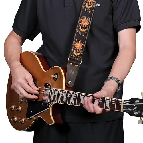 Nefelibata Gitarrengurt, Sonne & Mond Stickerei Gitarrengurte mit Kopf Rindsleder Enden für Bass, elektrische & akustische Gitarren, kostenlose Gurtknopf, 1 Paar Gurtschlösser und 4 Gitarrenplektren