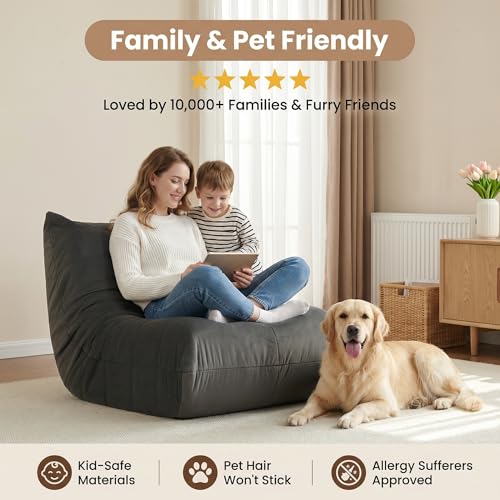 Image of Gazecaia Comfy Bean Bag Chair for Adults Teens | Fireside Floor Lounge Chair,Soft Suede High-Resilience Memory Foam Bean Bag Couch with Non-Slip Base,for Living Room Bedroom Apartment Office,Dark Gray