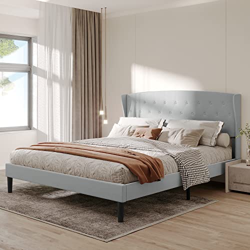 Bonsoir Queen Size Bed Frame Upholstered Traditional Low Profile Platform With Tufted Wing Back Headboard/No Box Spring Needed/No Bed Skirt Needed/Linen Fabric Upholstery/Light Grey (Queen Size) #TOP1