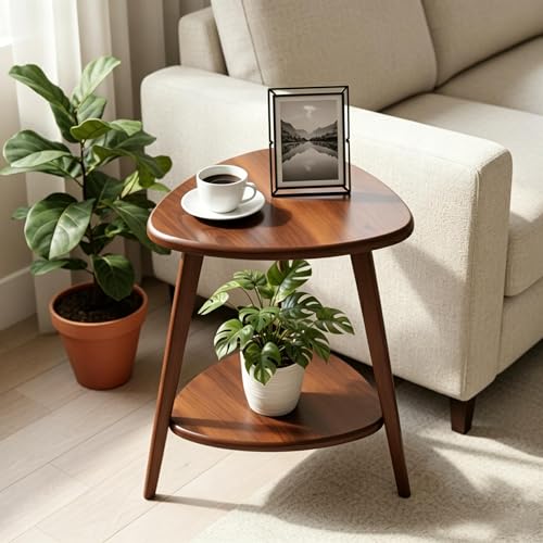 FANTERSI 2-Tier Teardrop Shape End Table Wood Side Table with Storage Shelf Nightstand for Living Room Bedroom Mid Century Modern Small Side Tables for Small Spaces Solid Wood Legs Walnut Brown