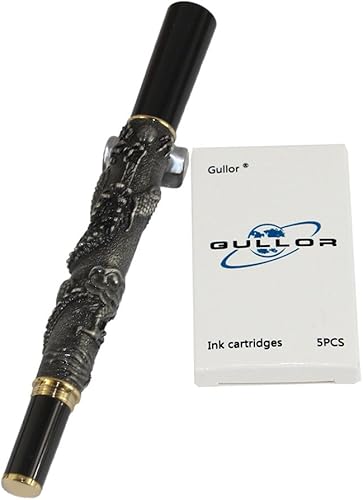 Miniatura 4 de Gullor Pluma estilográfica Basso-relievo de plata antigua del dragón chino con caja original de la pluma y 5 cartuchos de tinta