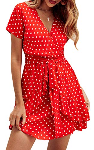ECOWISH Women s V Neck Polka Dot Ruffles Mini Sexy Dress Short Sleeve Wrap Summer Dresses with Belt Red Small