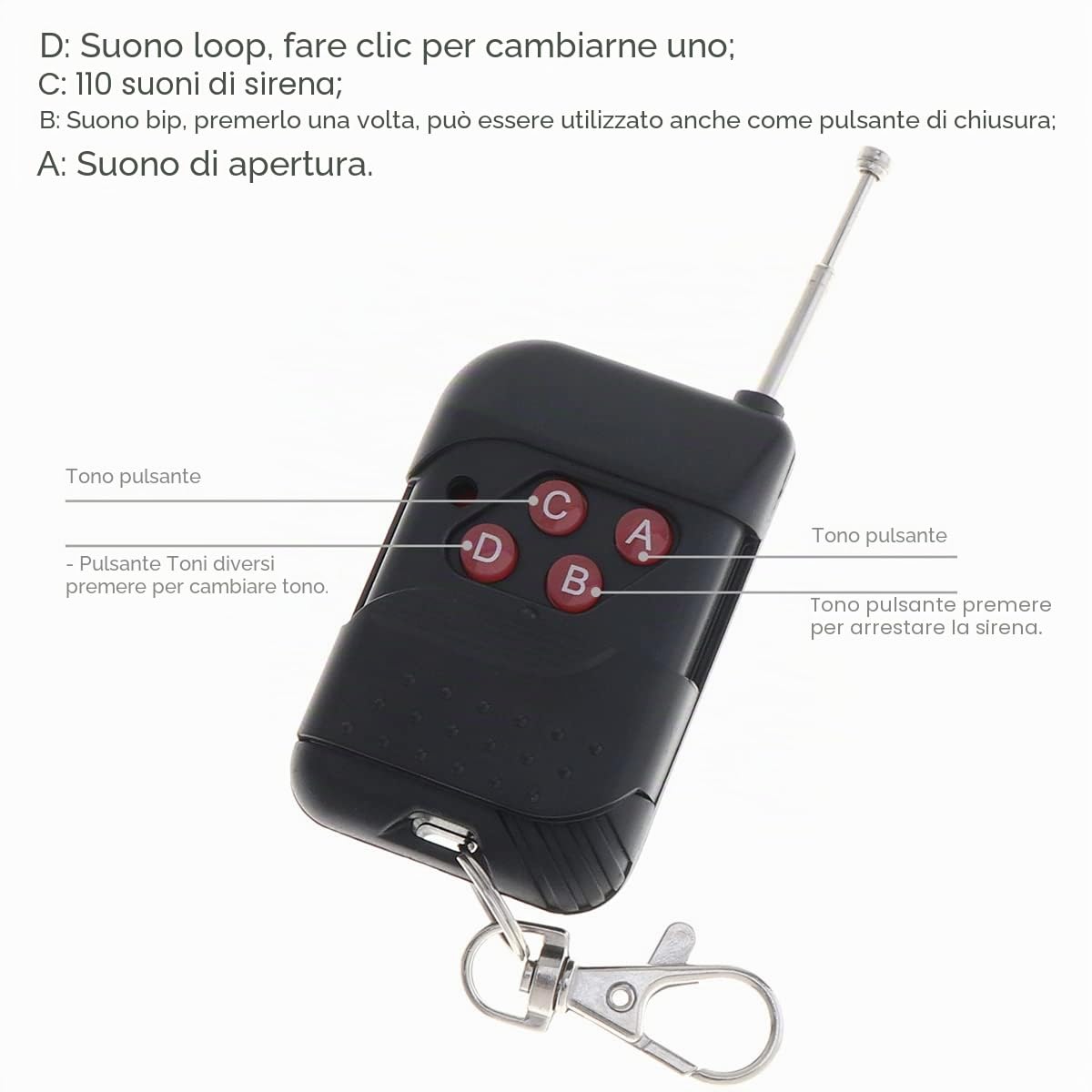 Sirena per auto con 7 diversi toni, suono del clacson, ambulanza, sirena, traffico, con telecomando, 12 V, 100 W (1 x telecomando)