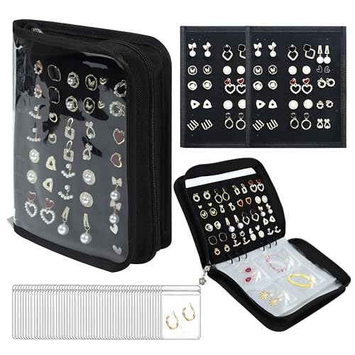 Meneng Organizador de estojo de viagem para brincos: livro transparente de armazenamento de joias com 20 páginas de PVC + 2 folhas de veludo - fichário de joias à prova de esmagamento para blogueiros