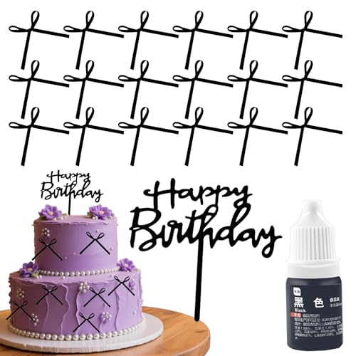 30 Piezas Decoración de Pastel de Lazo Negro + 1 Cake Topper Happy Birthday + Colorante Alimentario Negro 5ml, Decoracion Tartas Cumpleaños, para Baby Shower Bodas y Fiestas de Cumpleaños