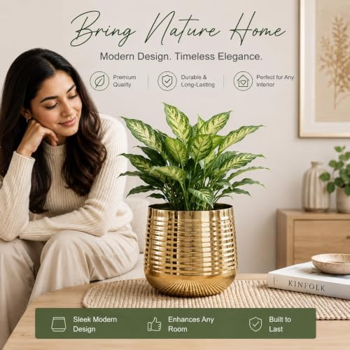 Image of Gold Metal Planter Pot for Indoor Plants, Decorative Ribbed Flower Pot for Living Room, Balcony & Home Decor