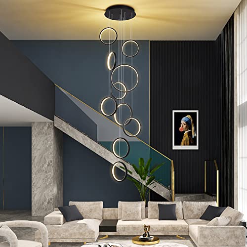 Modern Led Chandelier Lighting,Dimmable With Remote Control 10 Rings Black Pendant Light Adjustable Height Hanging Ceiling Light Fixture,For Staircase Foyer High Ceiling Living Room #TOP6