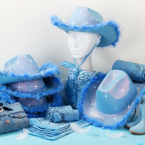 Image of Coume 12 Pcs Sparkly Adults Cowboy Hat and Bandanas Women Men Western Glitter Cowgirl Party Hats with Adjustable Drawstring