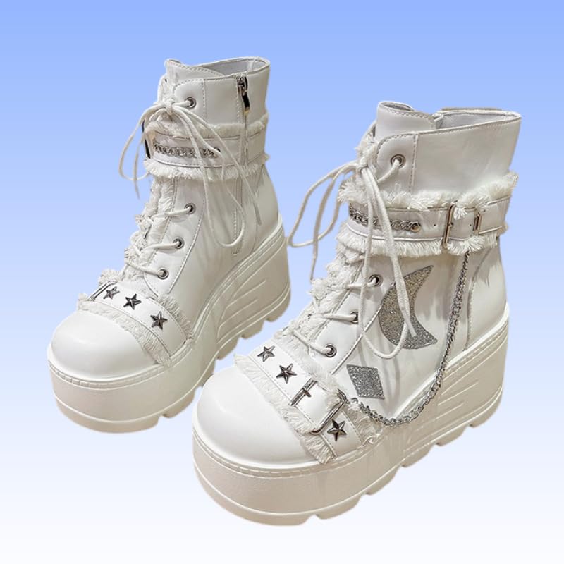 Cute Emo Combat Boots for Women Platform Chunky Grunge Goth Rave Punk Booties Wedge High Heels with Chains Stars Moon Non Slip Shoes Y2K Fashion Streetwear Parties Spring Summer Fall Outdoors4