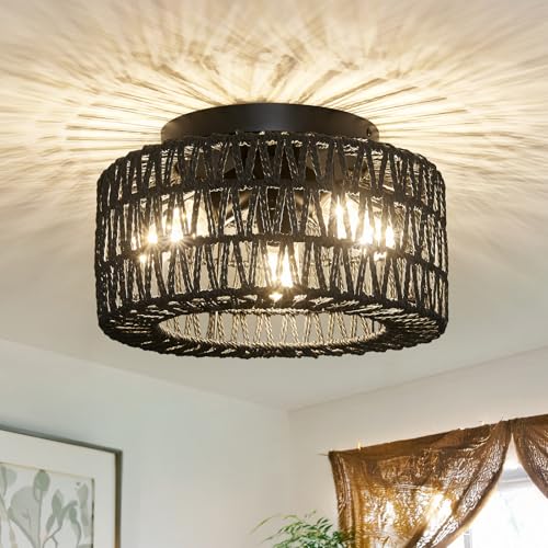 Rattan Light Fixtures Ceiling Mount, 3-Lights Boho Flush Mount Ceiling Light, Hand-Woven Cage Shade Lamp Lighting, Rustic Rattan Chandelier for Hallway Bedroom Kitchen Farmhouse Foyer Entryway (Black)