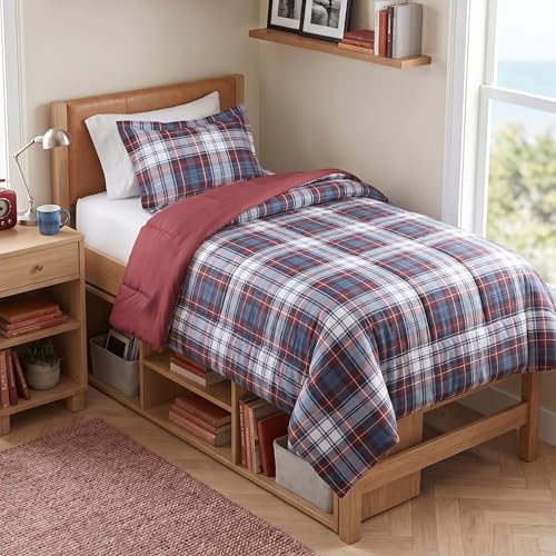 Image of Madison Park Essentials Parkston Plaid Comforter Set Soft Brushed Microfiber College Bedding, 3M Scotchguard Stain Release Cover, Modern All Season Cabin Bedding, Twin / Twin XL, Red, 2 Piece