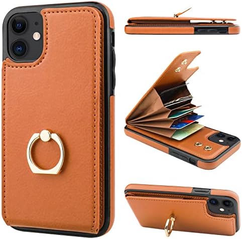 Folosu Compatible with iPhone 11 Case Wallet with Card Holder, 360°Rotation Finger Ring Holder Kickstand Protective RFID Blocking PU Leather Double Buttons Flip Shockproof Cover 6.1 Inch Brown