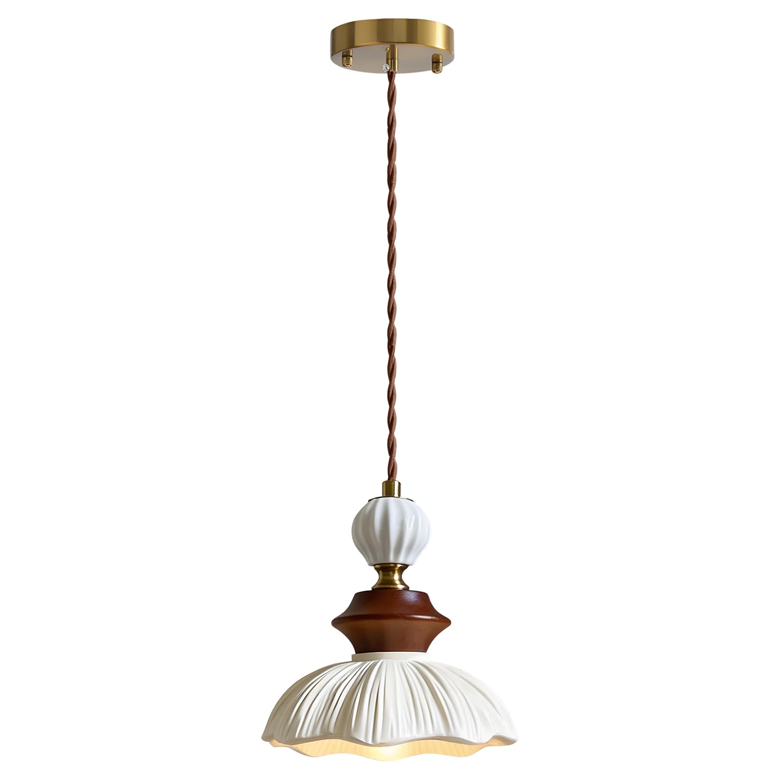 YNVIOZM Vintage Ceramic Pendant Light with Solid Wood Finish and White Ceramic Shade, 6.5" Hanging Ceiling Lighting Fixture, for Restaurant Bedside Bar Counter Cafe Bedroom Farmhouse Kitchen Island
