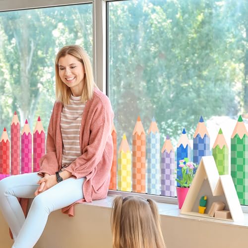 Image of Whaline 9 Sheets Pastel Checkerboard Pencil Window Clings Watercolor Pencil Window Decal Reusable Anti-Collision Windows Decor for Back to School Classroom Nursery Decor