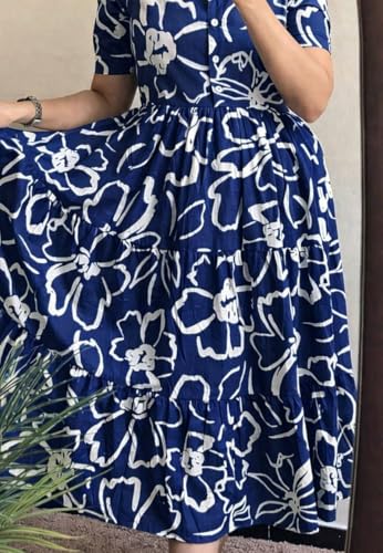 Image of Women's Blue Floral Print Tiered Midi Dress, Short Sleeve, Button-Front, Casual Summer Wear