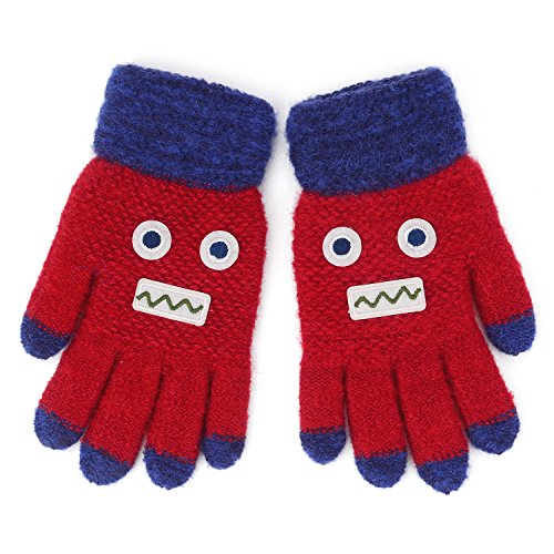 Flammi Kids Winter Stretch Knit Gloves Cartoon Robot Gloves Boys Girls (4-8 Years) (Red)