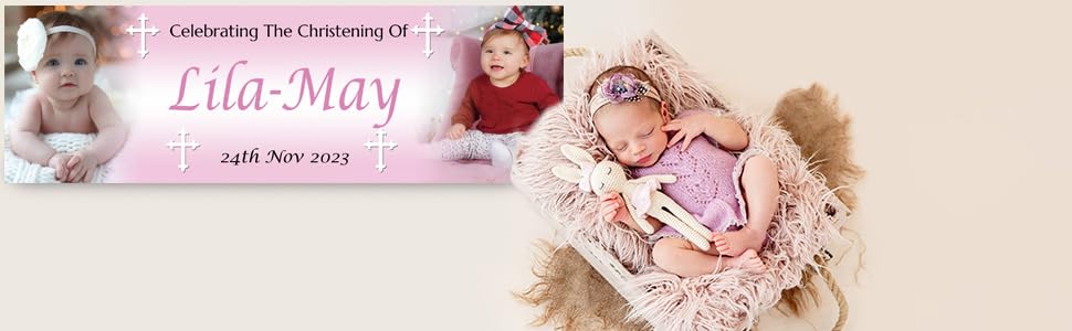 2 Personalised Christening Banner Baptism Naming Day Photo Baby Party Poster decoration, Blue, Indoor Small-2pcs - Image 5