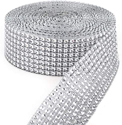 BEARHORN Rhinestone Diamond Mesh Ribbon 1 Roll 8 Row 10 Yards Silver Bling Diamond Wrap Ribbon for Wedding Cakes, Birthday Decorations, Party Supplies, Arts Rhinestones for Crafts (Silver)