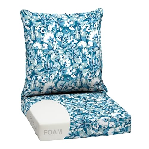 Image of Arden Outdoor Foam Deep Seat Cushion Set, 24 in x 24 in, Weather-Proof, Rain-Proof, Fade Resistant Patio Cushion, Bottom and Back Cushion for Chair, Sofa, and Couch Aqua Blue Fusion Floral