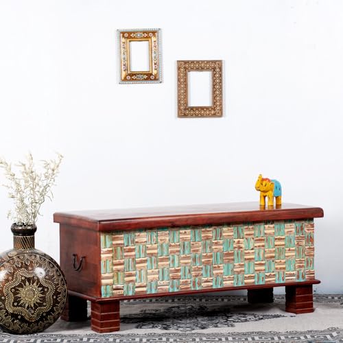 Image of Nivari Wooden Trunk Box for Storage | Solid Wood Coffee Table for Living Room | Handcrafted Center Tea Table with Sandook Storage for Living Room | Pitara for Home and Bedroom (Mahogany)