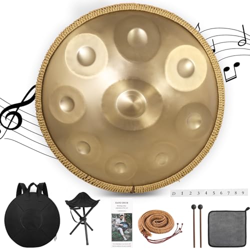 Derlvbak Handpan Instrument, 22 Zoll 9/10 Töne 440/432HZ Hand Pan Drum Steel Tongue Drum Zungentrommel für Yoga, Meditation mit Handtaschen Trommelstöcken, Trommelständer (9 Töne-440HZ)