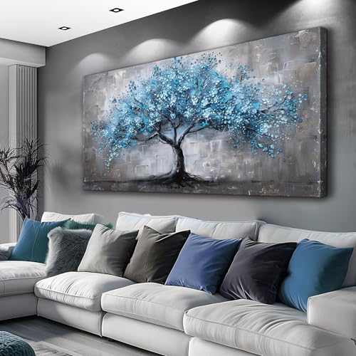 FUHAIHUA Canvas Wall Decor For Bedroom Large Wall Art For Living Room Office Decortions Black And White Paintings Blue Trees Wall Pictures Framed Mural Aesthetic Home Decor Posters Artwork 24x48 In