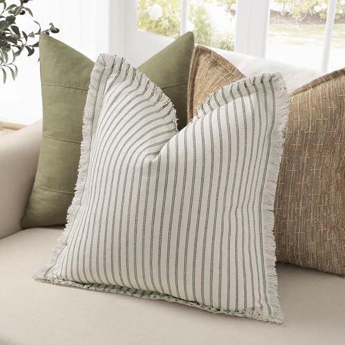 Image of ZWJD Throw Pillow Covers 18x18 Set of 2 Striped Pillow Covers with Fringe Chic Cotton Decorative Pillows Square Cushion Covers for Sofa Couch Bed Living Room Farmhouse Decor (Olive Green)