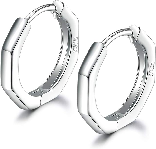 Silver Hoops Earrings for Women, 925 Sterling Silver Post Small Silver Hoop Earrings, 14 White Gold Plated Cuff Earrings for Girls Men Gifts