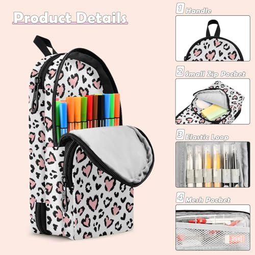 Image of Leopard Print Pink Heart Pencil Case Big Capacity Pen Bag with Compartment Students Schoolbag Shape Stationery Organizer Pencil Pouch Marker Case for School Office Work