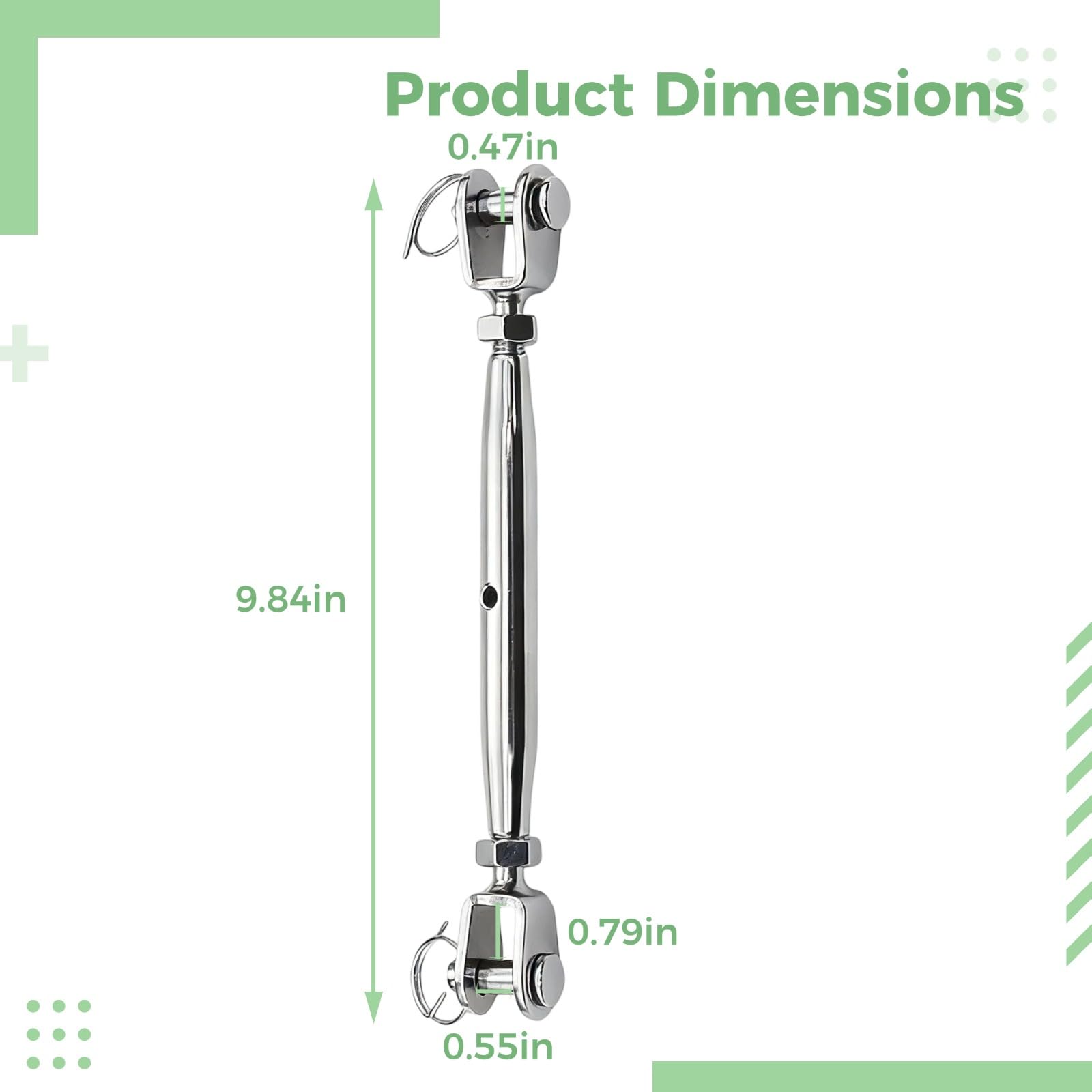 Tendeur M12 en acier inoxydable 304, corps fermé, réglage de longueur de 9,8 à 14,2 pouces / 25 à 36 cm, adapté au tirage et à la tension de câble d’acier, usage intensif