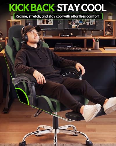 Image of Dowinx Ergonomic Gaming Chair with Footrest & Massage Lumbar, 2D-Linkage Armrests for Computer Chair 330lbs with Headrest Pillow for Office, Home, Streaming and Long Gaming Sessions, Fabric Dark Green