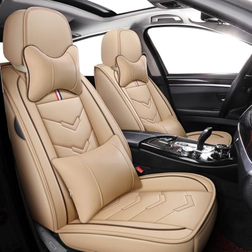 トヨタ エスティマ 50系 ESTIMA 50系 2006.7〜現行に適用車シートカバー座布団 防水 全天候型汚れ防止 取付簡単 滑り止め 収納便利クッションプロテクター前後席背もたれ耐摩耗性通気PUレザー素材(ベージュ,枕付き)